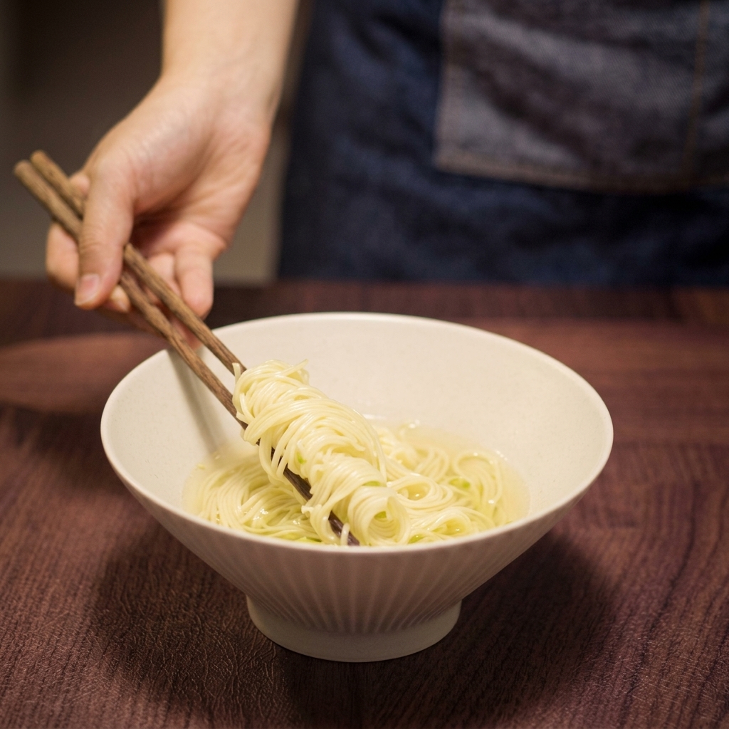 箸を使い、茹でたての黄色い中華麺をスープの中へ美しく整えながら入れている様子。