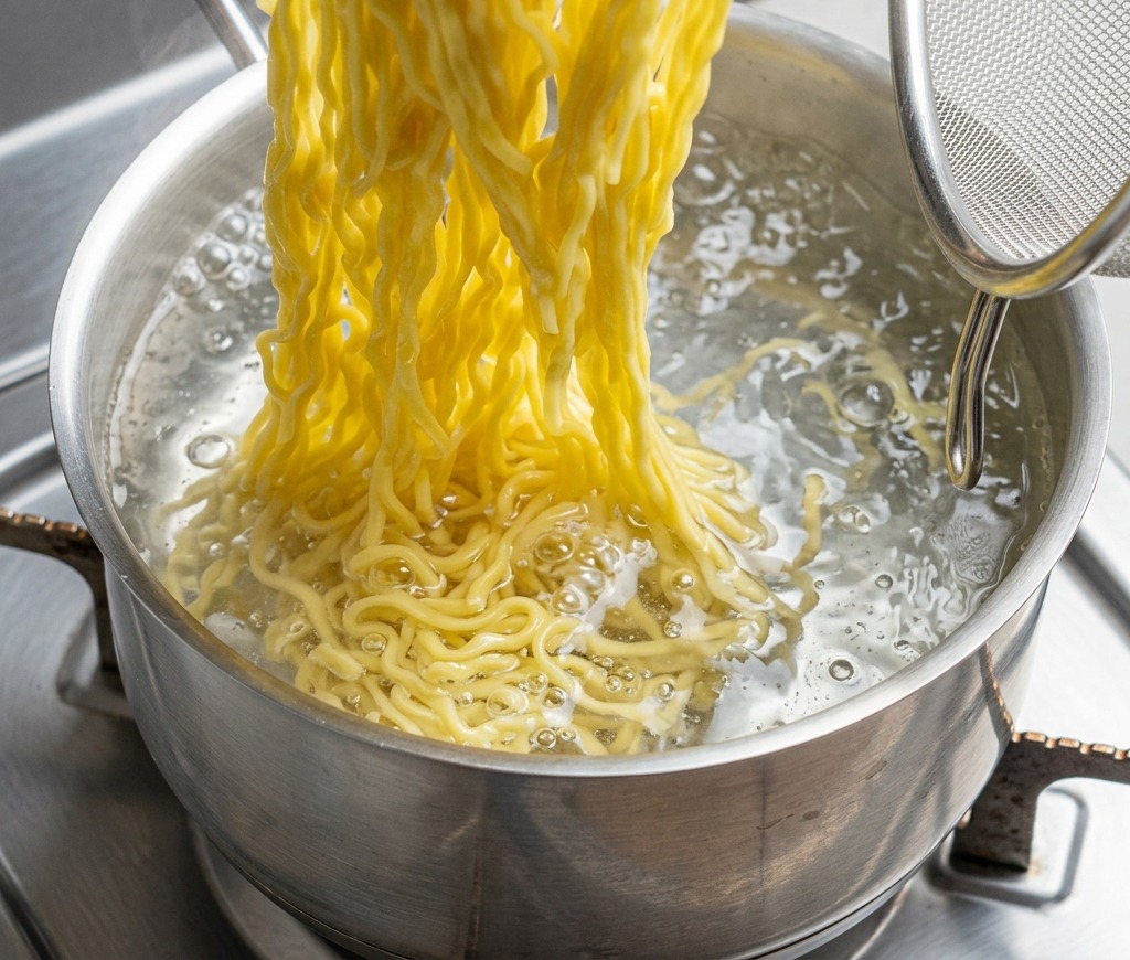 茹で上がった麺をザルで持ち上げ、湯気が立ち上っている様子。
