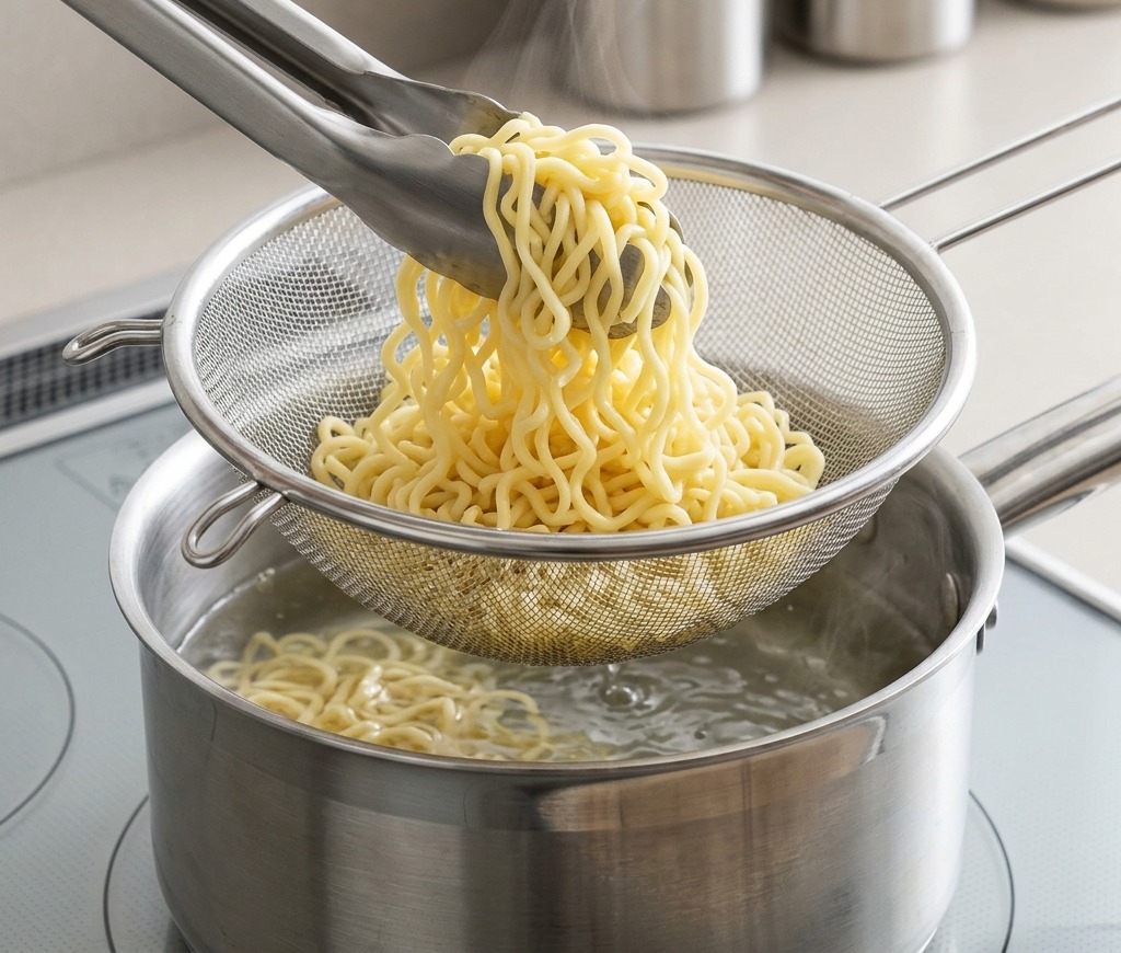 ザルを強く振って、麺についた水分を完全に切っている様子。