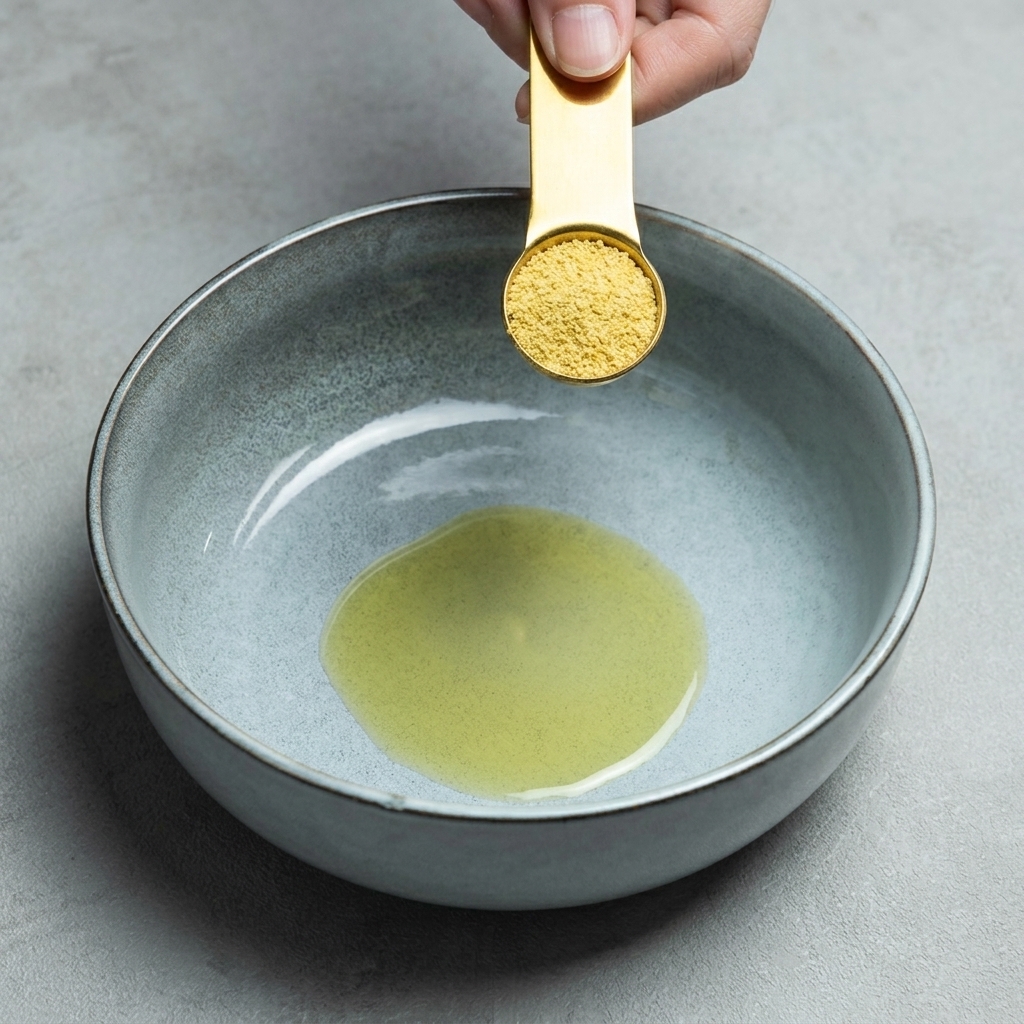ごま油の入った丼に、粉末の鶏がらスープの素を入れている様子。