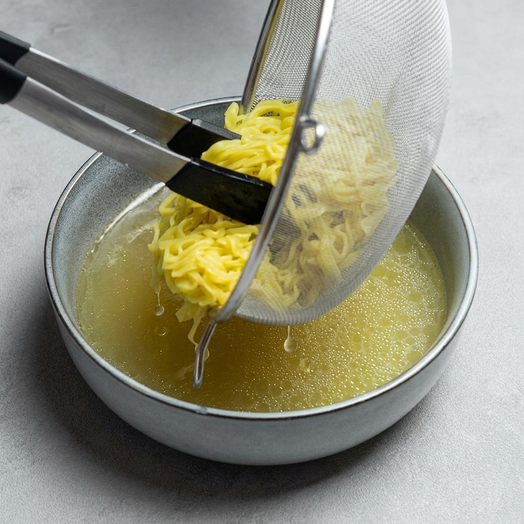 トングで掴んだ麺を、スープが張られた丼の中に静かに入れている様子。