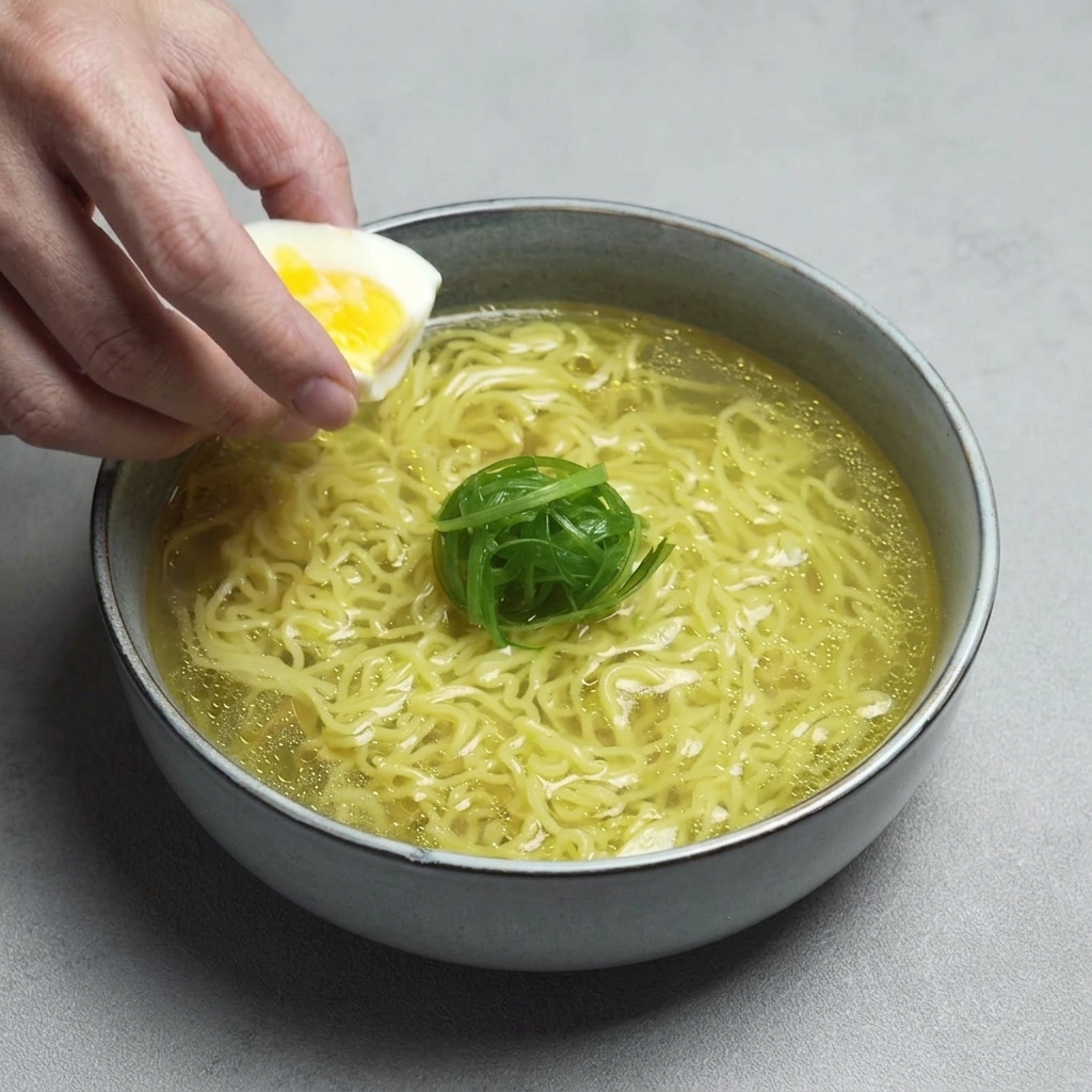 ラーメンの仕上げに、鮮やかな黄身の半熟卵を半分に切って添えている様子。