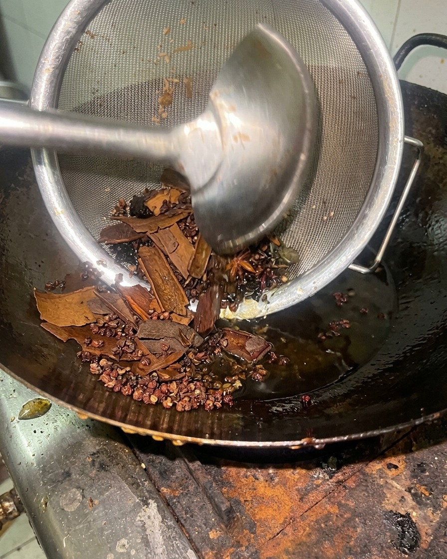網じゃくしを使って、油の中から八角やシナモンを引き上げている様子。