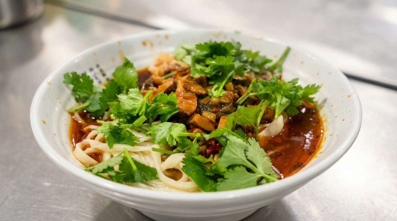 四川風 鶏肉としいたけのピリ辛あんかけ麺（蓋飯麺風）