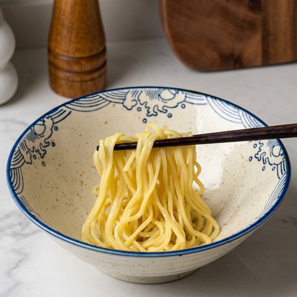 箸で持ち上げた黄色いラーメンの麺を、青い波模様のクリーム色の陶器のボウルに入れている様子。