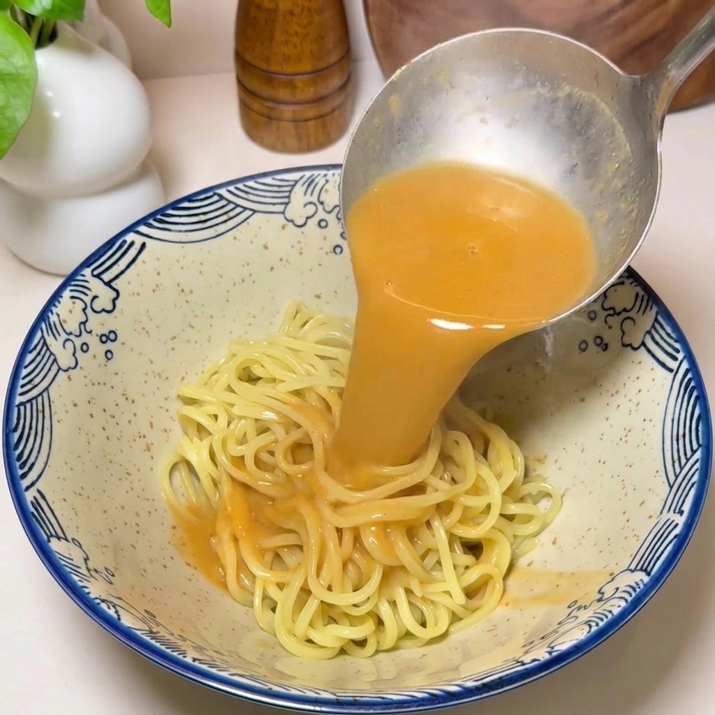 青と白の模様が入ったボウルに盛られたラーメンの麺の上に、お玉で濃厚なオレンジ色の海老スープを注いでいる様子。