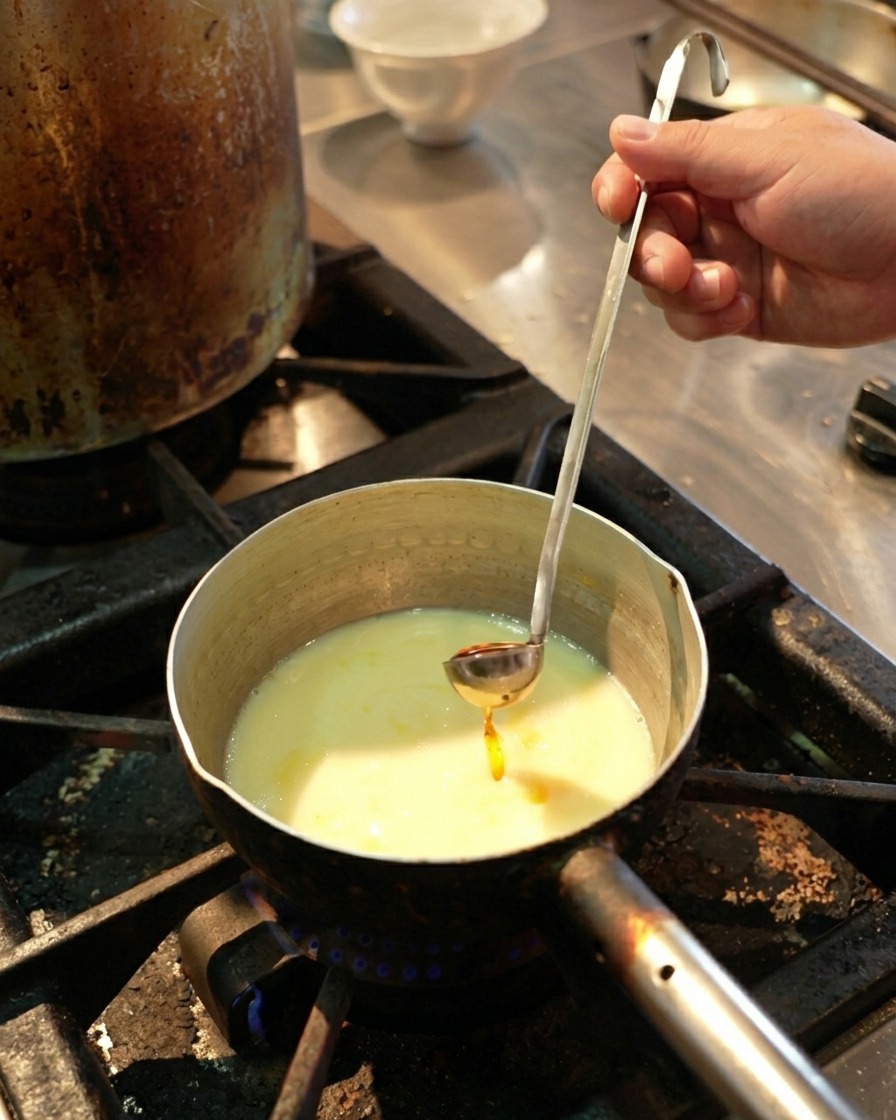 ガスコンロにかかった小鍋の鶏白湯スープに、お玉で鮮やかなオレンジ色の海老オイルを注ぐ様子。