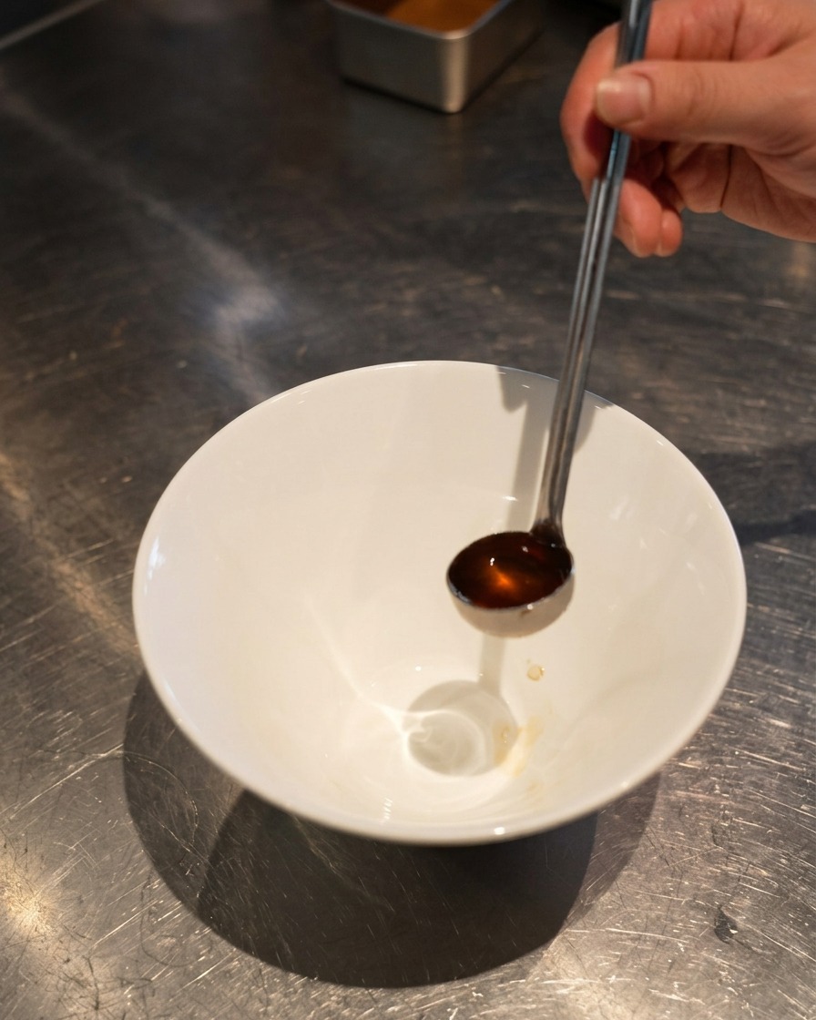 清潔で深い白い陶器のラーメン丼の底に、お玉で琥珀色の塩タレを注ぐ様子。