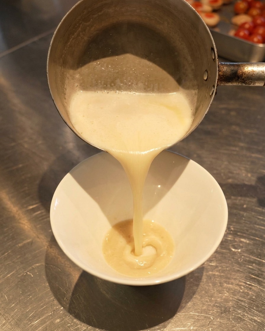 小鍋から泡立った白いスープを丼に注ぎ、底にあるタレと混ざり合う様子。