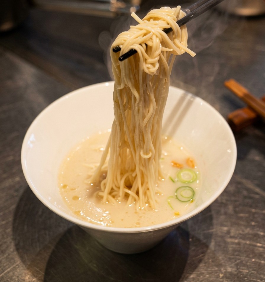 箸を使って、クリーミーな白いスープの中にラーメンの麺をきれいに整えて配置する様子。