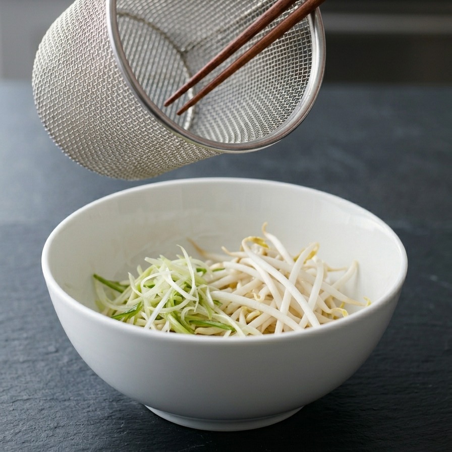 麺の上に箸でもやしや緑の野菜を盛り付けている様子。