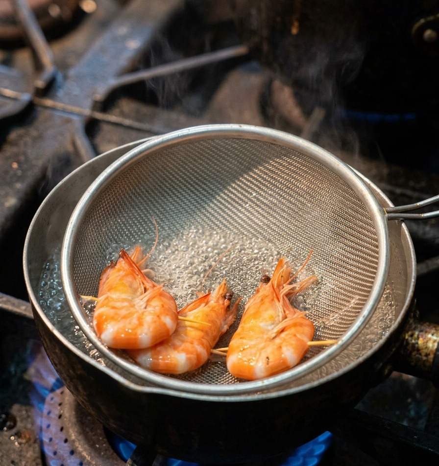 沸騰した鍋の中のザルに入れられた3尾の海老が赤く茹で上がっている様子。