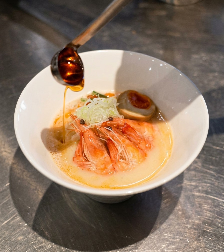 完成したラーメンの上に、お玉で赤い海老オイルを垂らし、白い泡に彩りを加える様子。