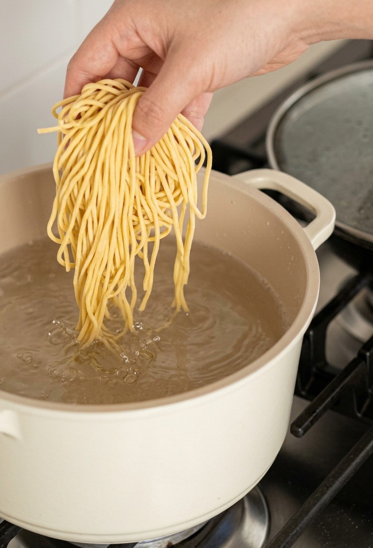 沸騰したお湯の中に、生ラーメンの麺を入れる様子。