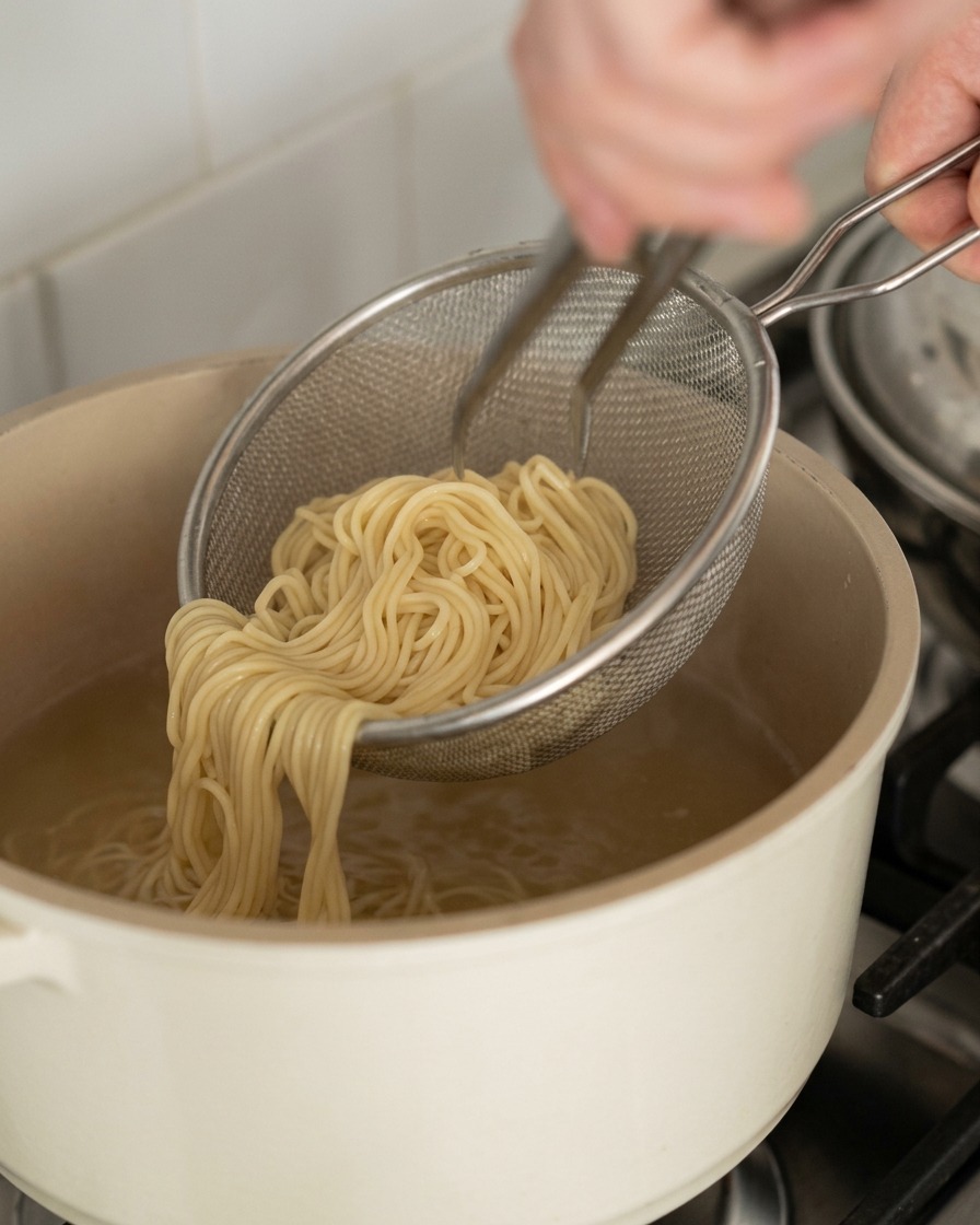 麺茹で用の鍋から、ざるで麺をすくい上げる様子。