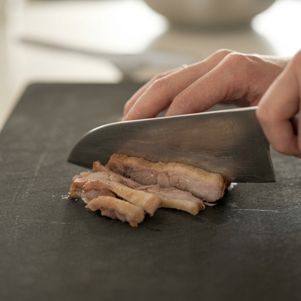 休ませておいた鴨肉を、まな板の上で薄く切る様子。