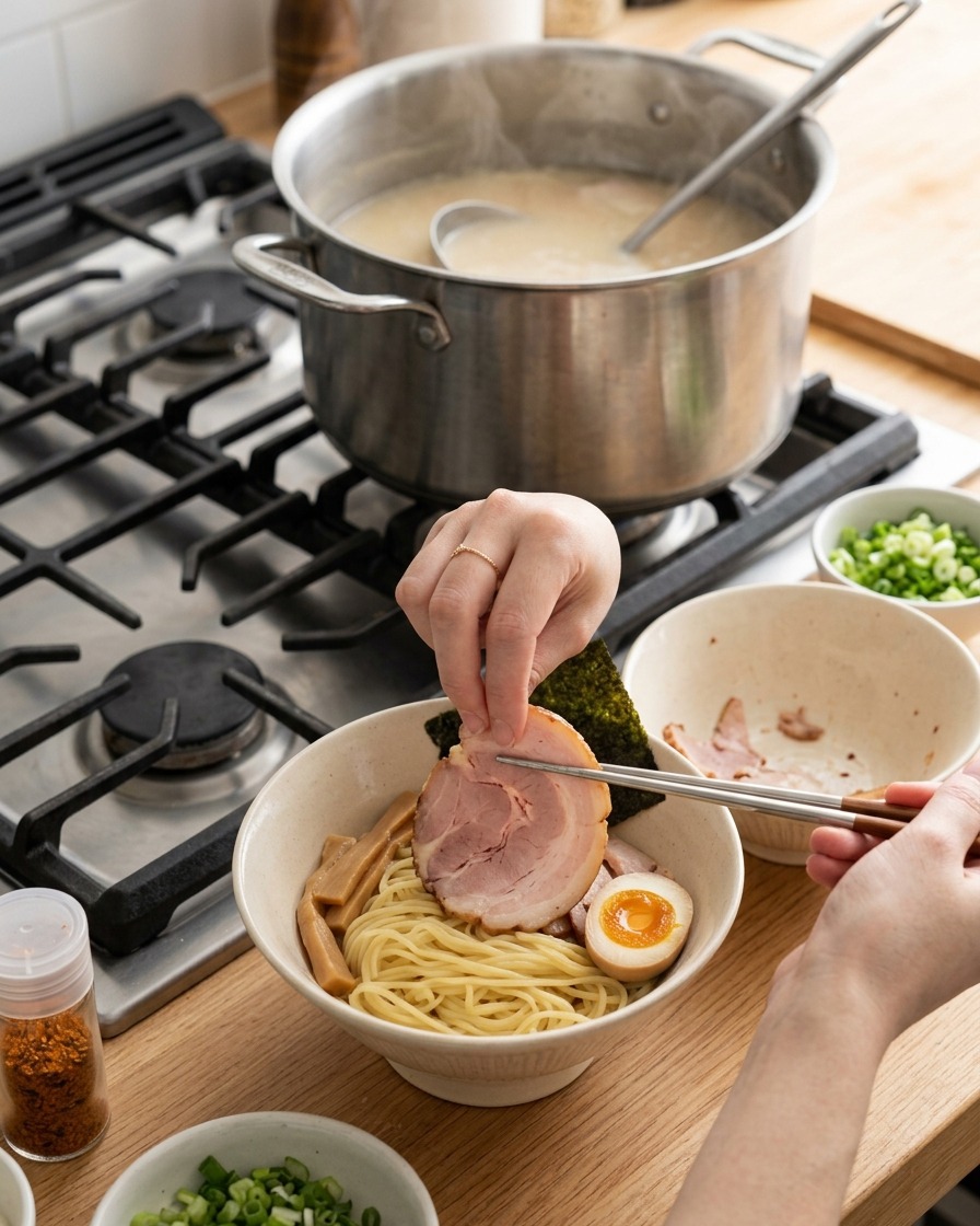 麺が入った器に、スライスした鴨肉を並べる様子。
