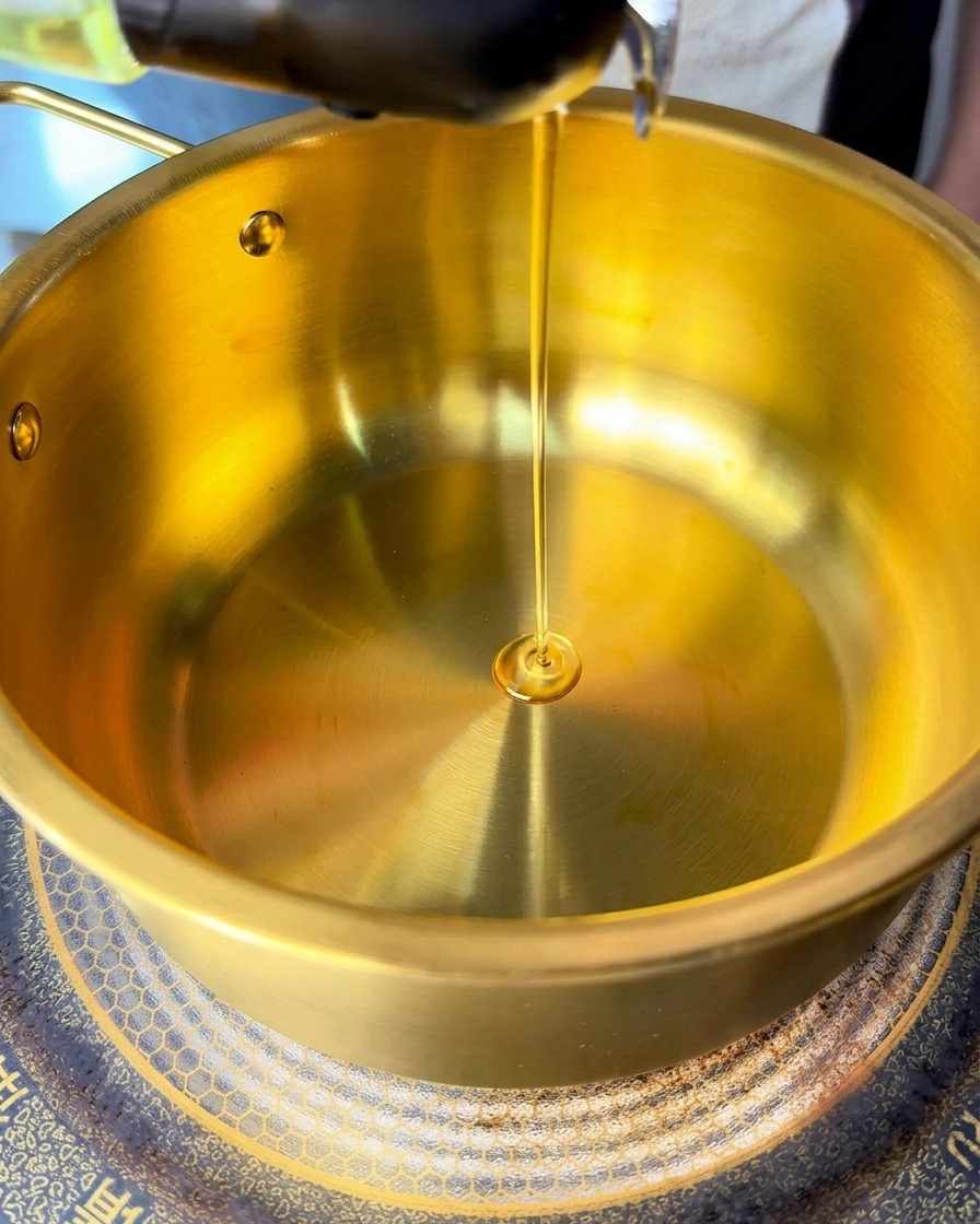 黄金色の鍋に透明なピーナッツオイルとごま油を注いでいる様子。