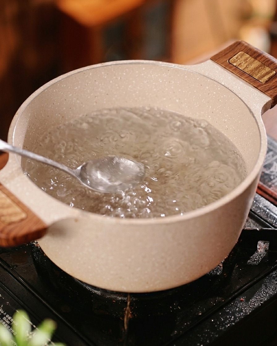 沸騰したお湯に塩と油を加え、パスタの下準備をする様子