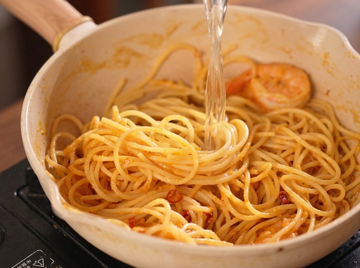 フライパンのパスタとエビに鶏がらスープを注ぐ様子