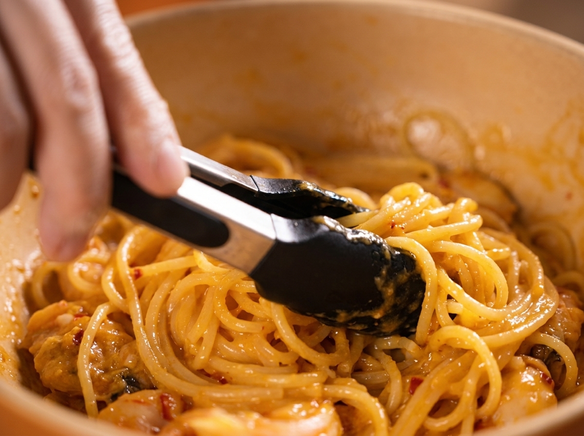 クリーム色のパスタをトングで混ぜ、ツヤを出す様子