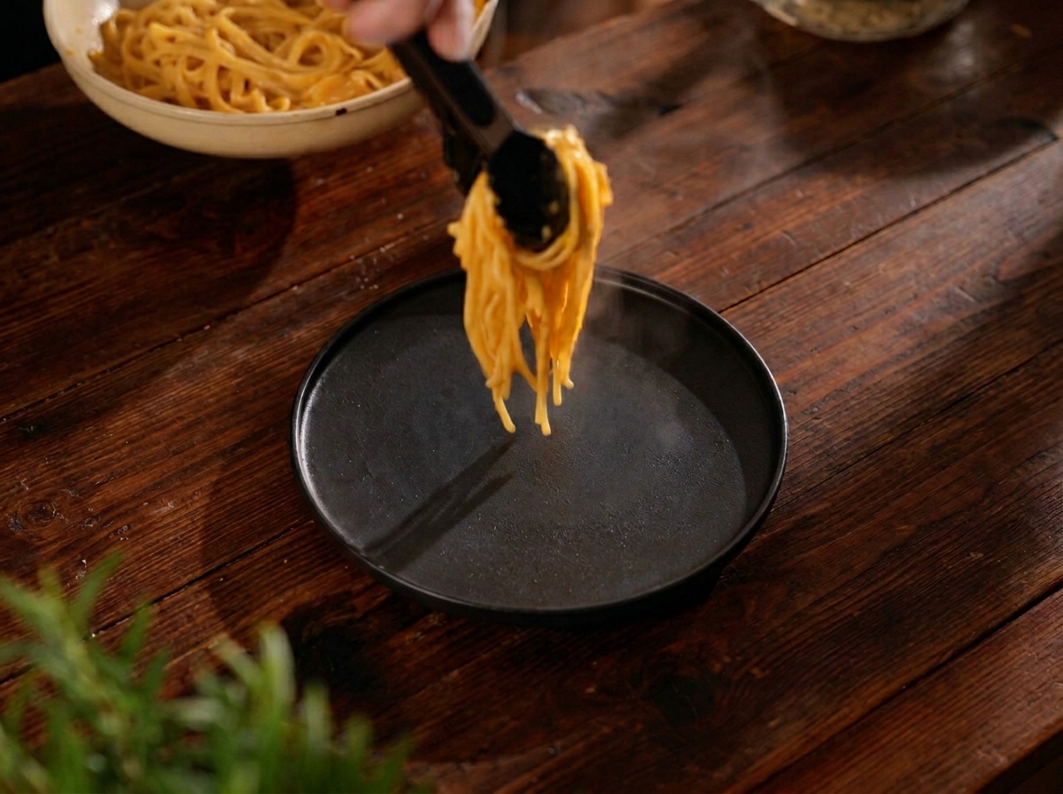 黒い皿にパスタを盛り付け、エビやハーブを添えるプロの盛り付けの様子