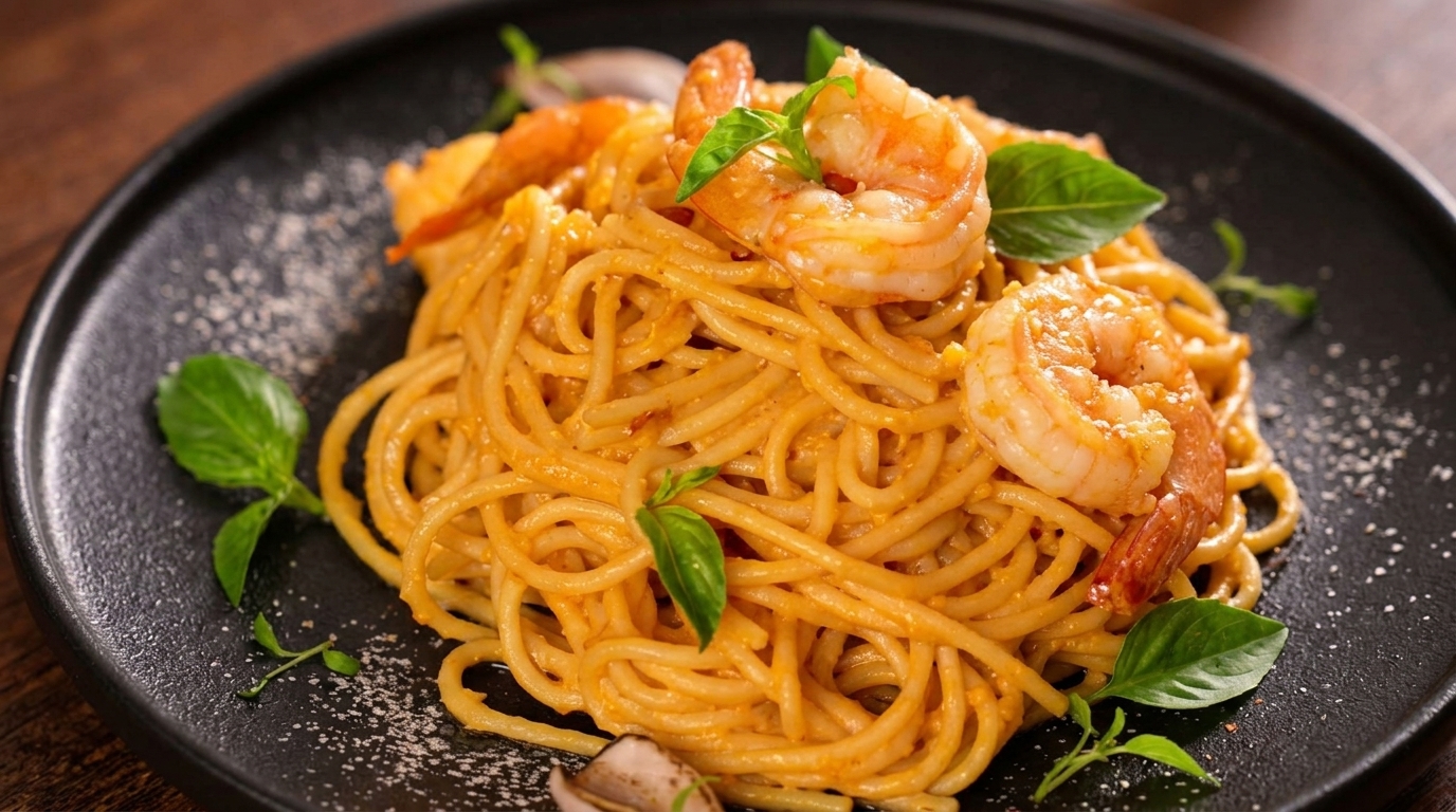 ピリ辛濃厚！エビのソルテッドエッグヨークパスタ（塩卵パスタ）