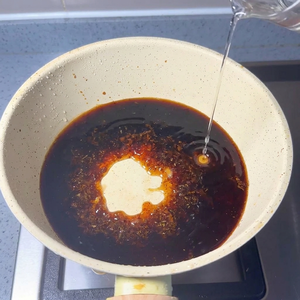 濃口醤油が入った鍋に、酒やみりんと少量の魚粉を加えている様子。
