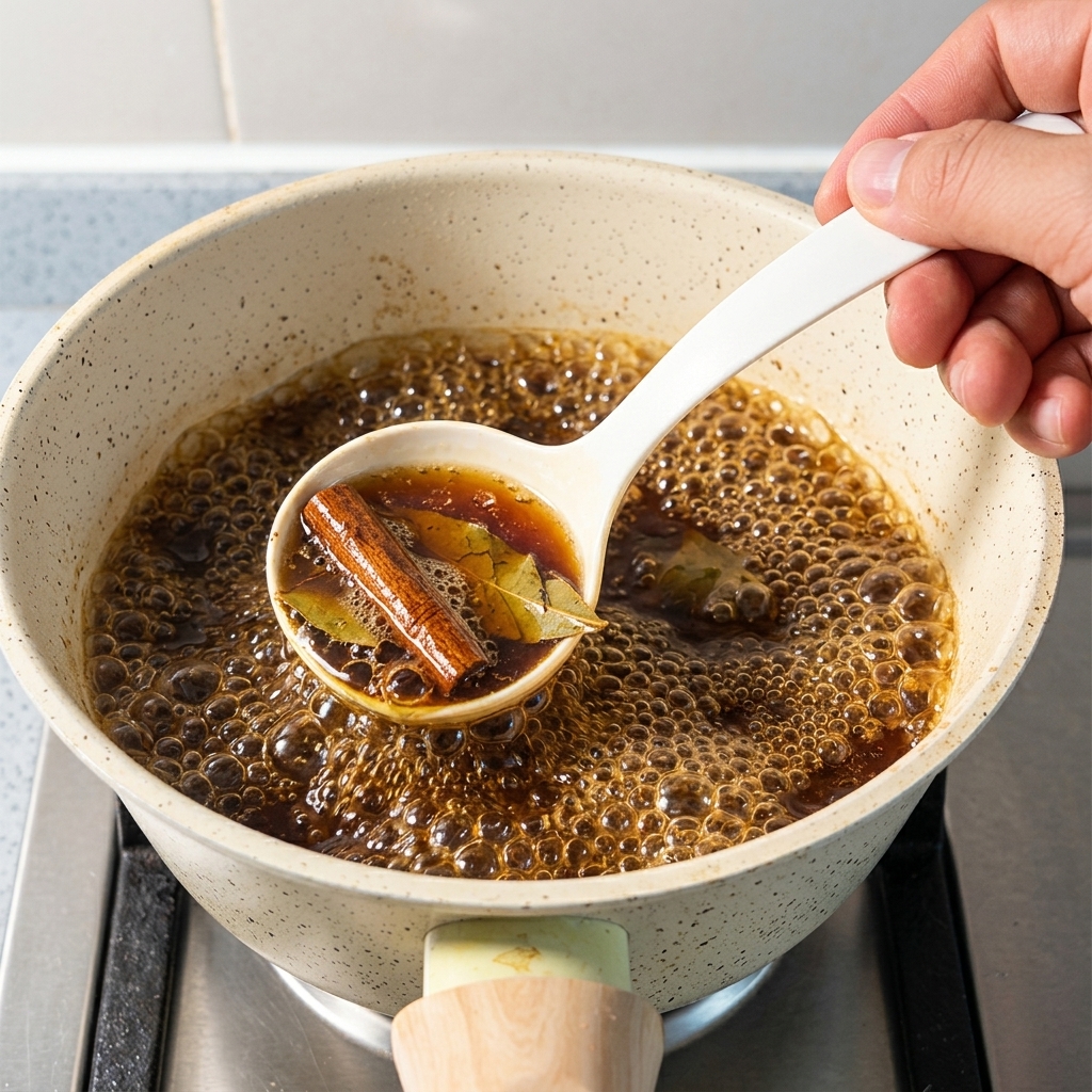 昆布が入ったタレが沸騰しているところをレードルですくっている様子。
