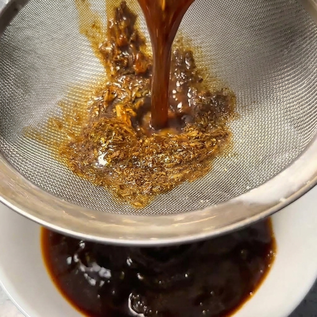 茶色のタレをザルで濾して、滑らかな液体にしている様子。