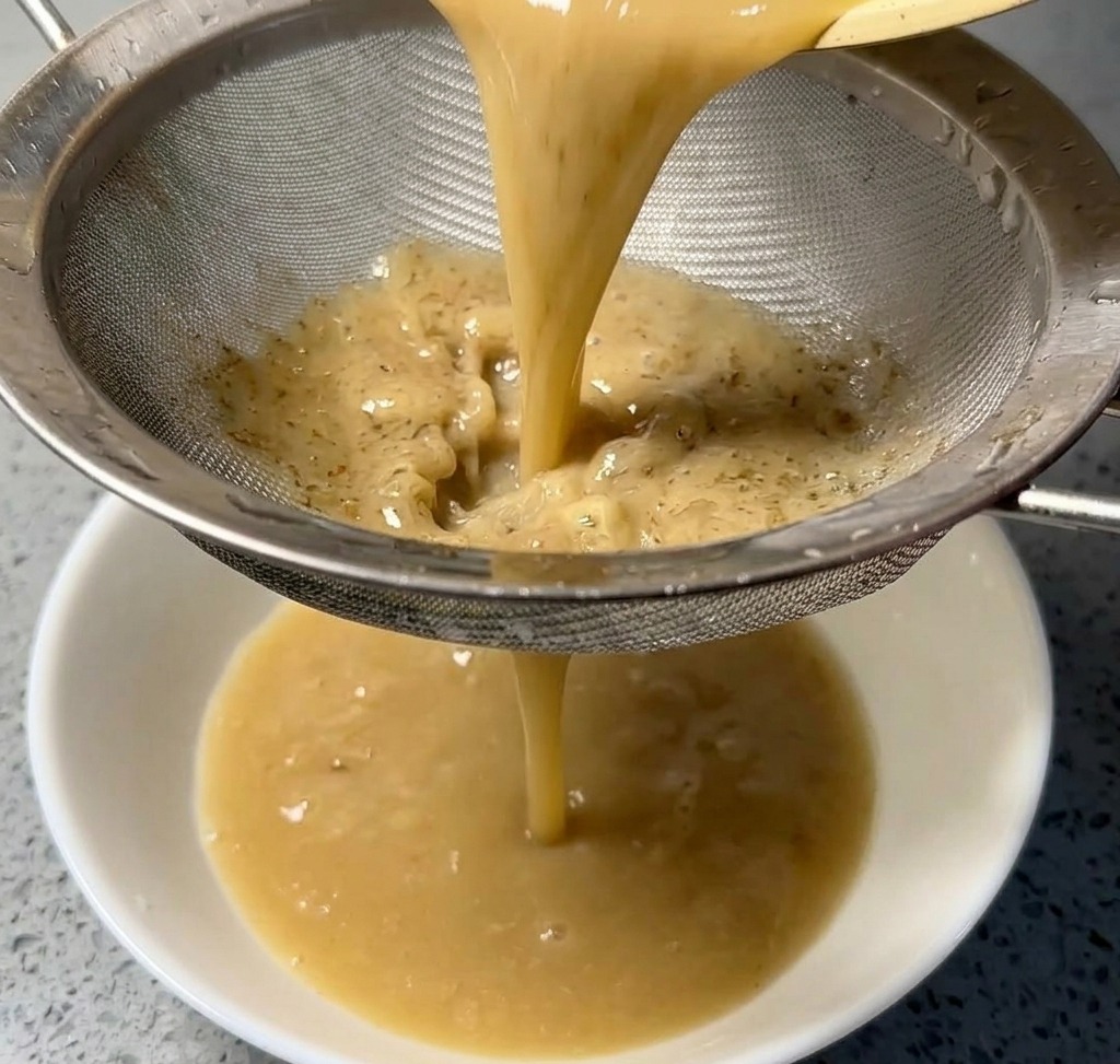 濃厚な茶色のスープをザルで濾してボウルに入れている様子。