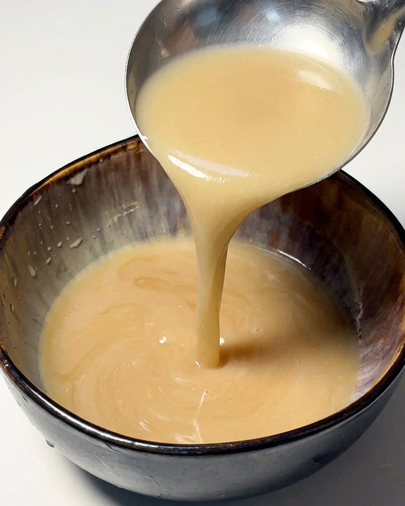 つけ麺用の器に、タレとスープを注いで合わせている様子。