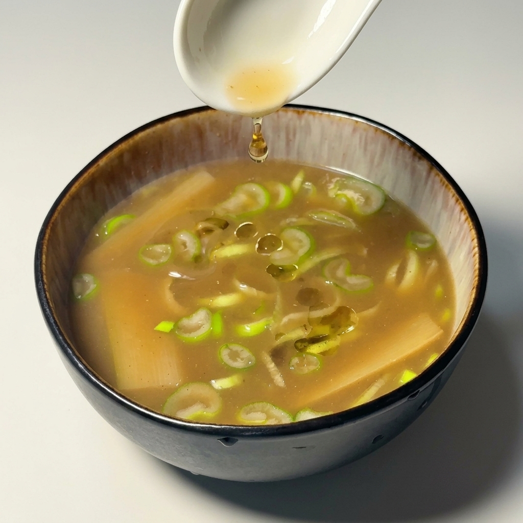 レンゲで黄金色の油をスープの表面に垂らしている様子。