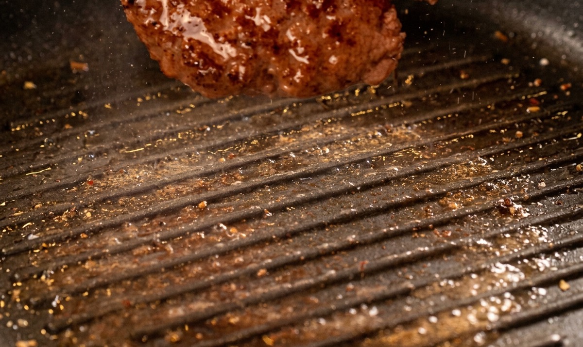 焼き色のついたパティを裏返し、塩こしょうを振る様子。