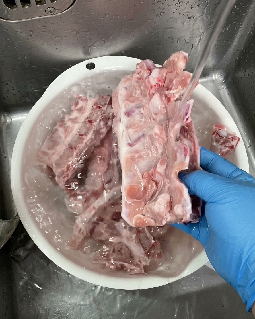 白いプラスチック製のボウルの中で、青い手袋をはめた人が流水で大きな生の豚骨をきれいに洗っている様子。