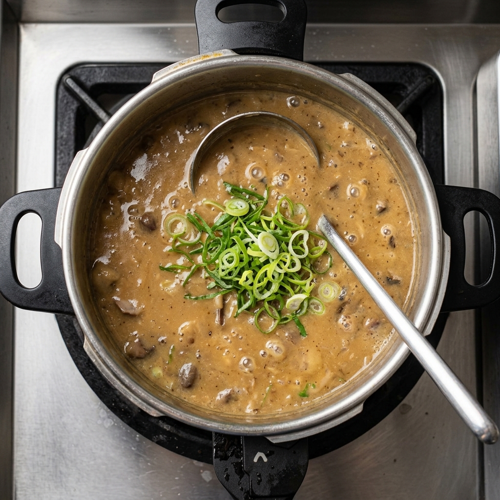 鍋の中でグツグツと沸騰する濃厚な茶色のラーメンスープを真上から見た様子で、中央にたっぷりの刻みねぎが加えられている。