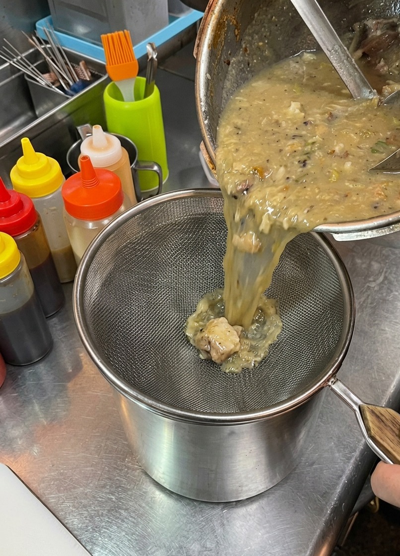 大きな鍋から濃厚でクリーミーなラーメンスープを銀色のメッシュストレーナーに通して金属製の容器に注ぎ、豚骨や野菜の残りカスを受け止めている様子。