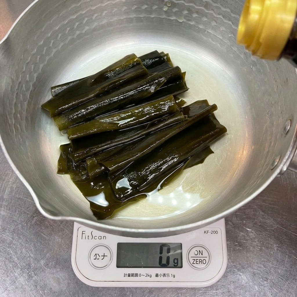 銀色の鍋に入った濃い緑色の昆布に、デジタルスケールで計量しながら液体の調味料を注ぎ入れている様子。