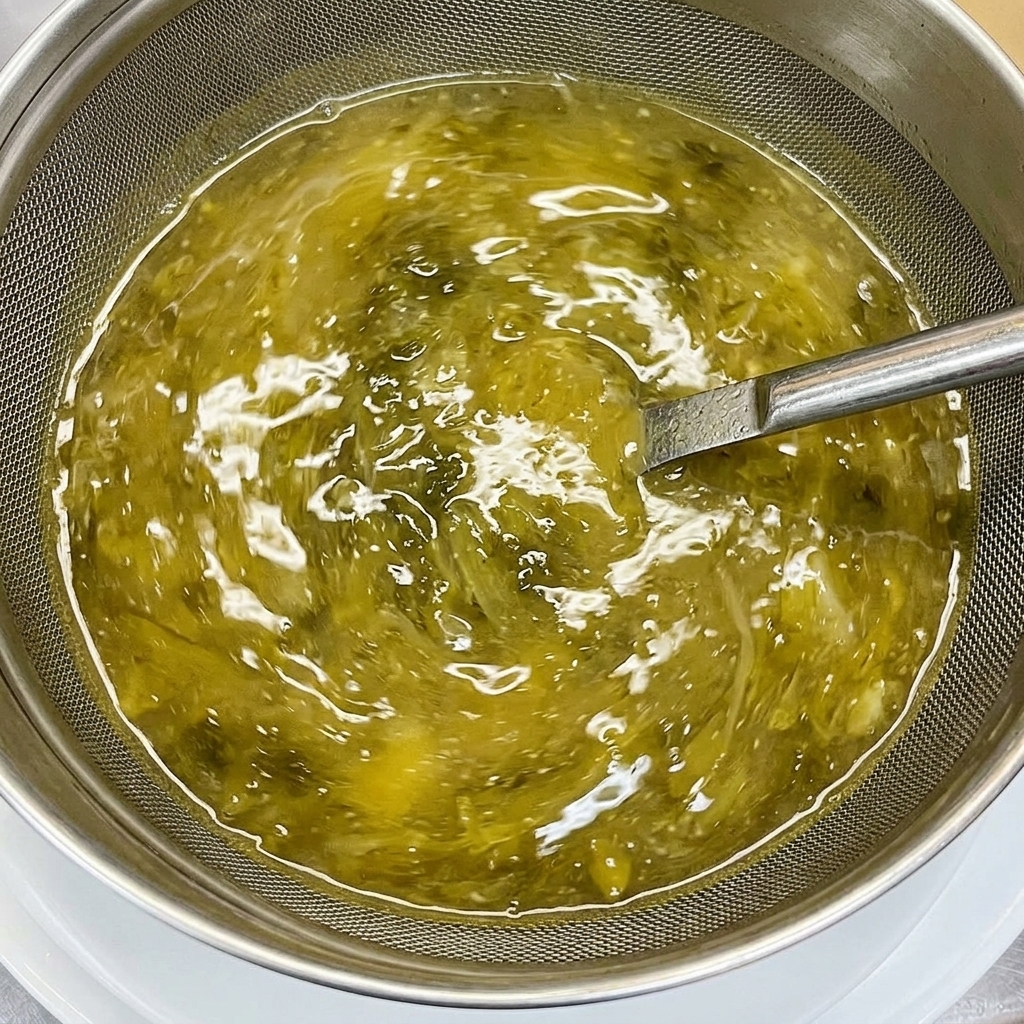 金属製の器の中で、泡立て器を使ってとろみのある黄色みがかったラーメンスープを激しくかき混ぜ、薬味や調味料をなじませている様子。