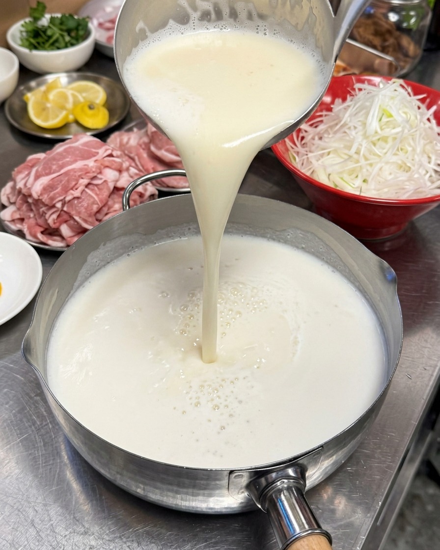 キッチンのカウンターの上で、お玉からステンレス製の鍋へと注がれるクリーミーな白いラーメンスープのクローズアップ。