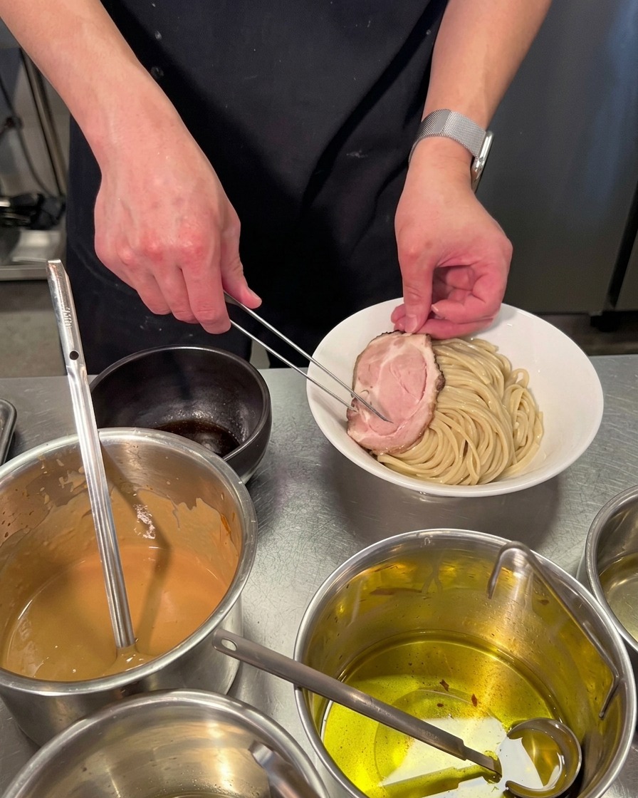シルバーのピンセットを使い、きれいに整えられた極太麺の山の上に、丸い豚チャーシューのスライスを一切れのせている様子。