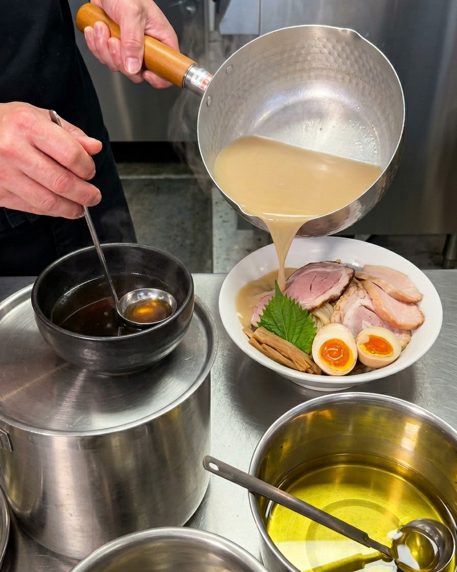トッピングが完璧に施された麺の器の横で、職人風の叩き出しの金属鍋から、小さな黒いセラミックの器に熱々でクリーミーな茶色のつけ汁が注がれている様子。
