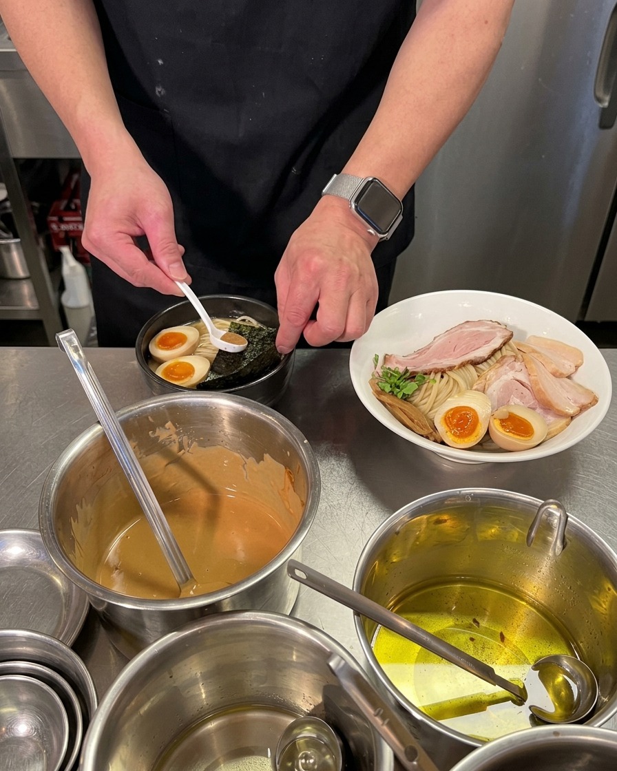 スープの入った器の中で、乾燥した海苔の上に、小さな白いスプーンを使って茶色い魚粉をこんもりと盛り付けている様子。