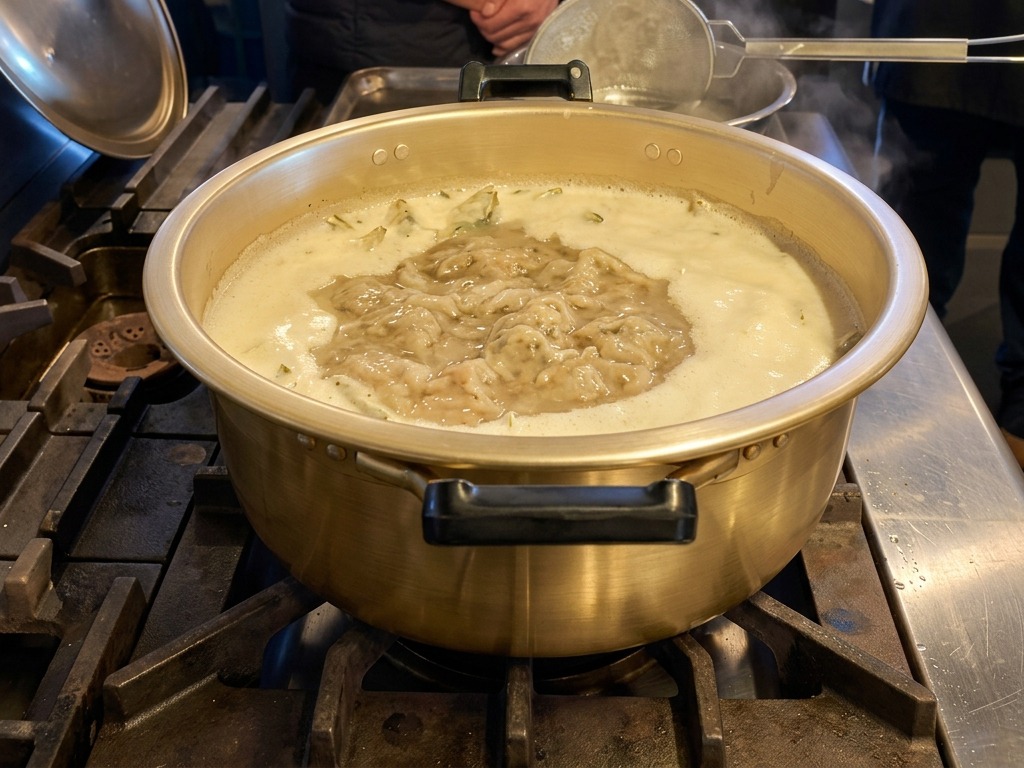 大きな調理鍋の中で、白濁した濃厚なスープと一緒に煮干しや具材がコトコトと泡を立てて煮えている様子。