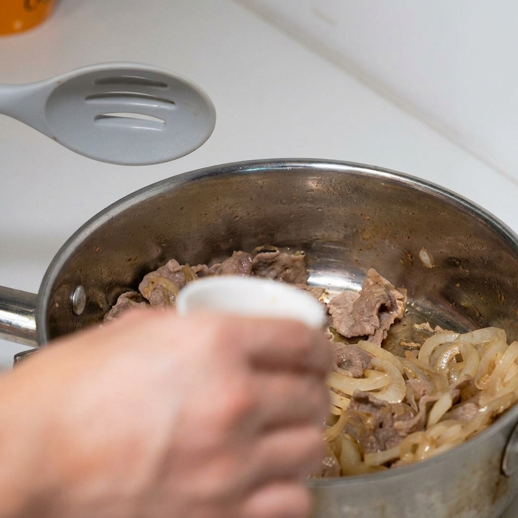 フライパンで炒めた牛肉と玉ねぎの上から、小さなボウルに入った合わせ調味料を回し入れている手元。