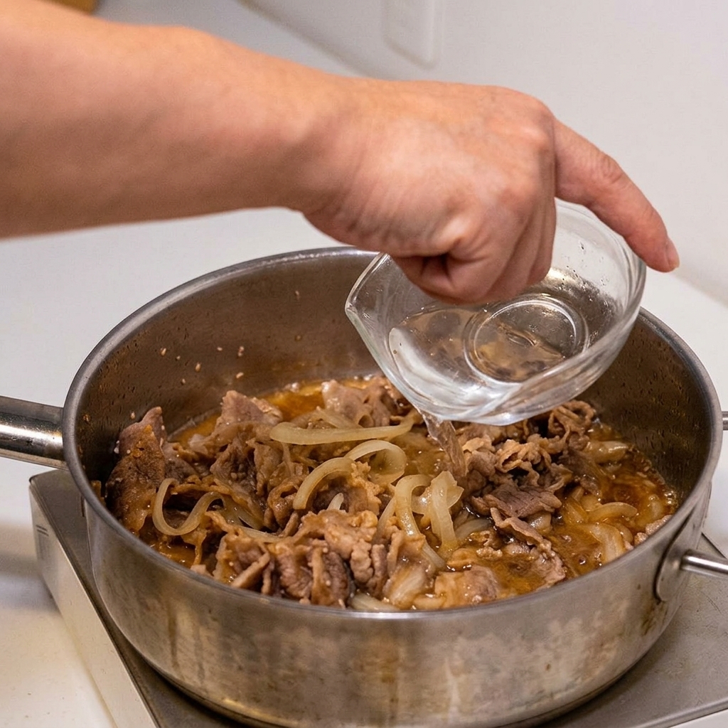 牛肉、玉ねぎ、タレが煮立つフライパンに、小さなガラスのボウルからきれいな水を注いでいる様子。