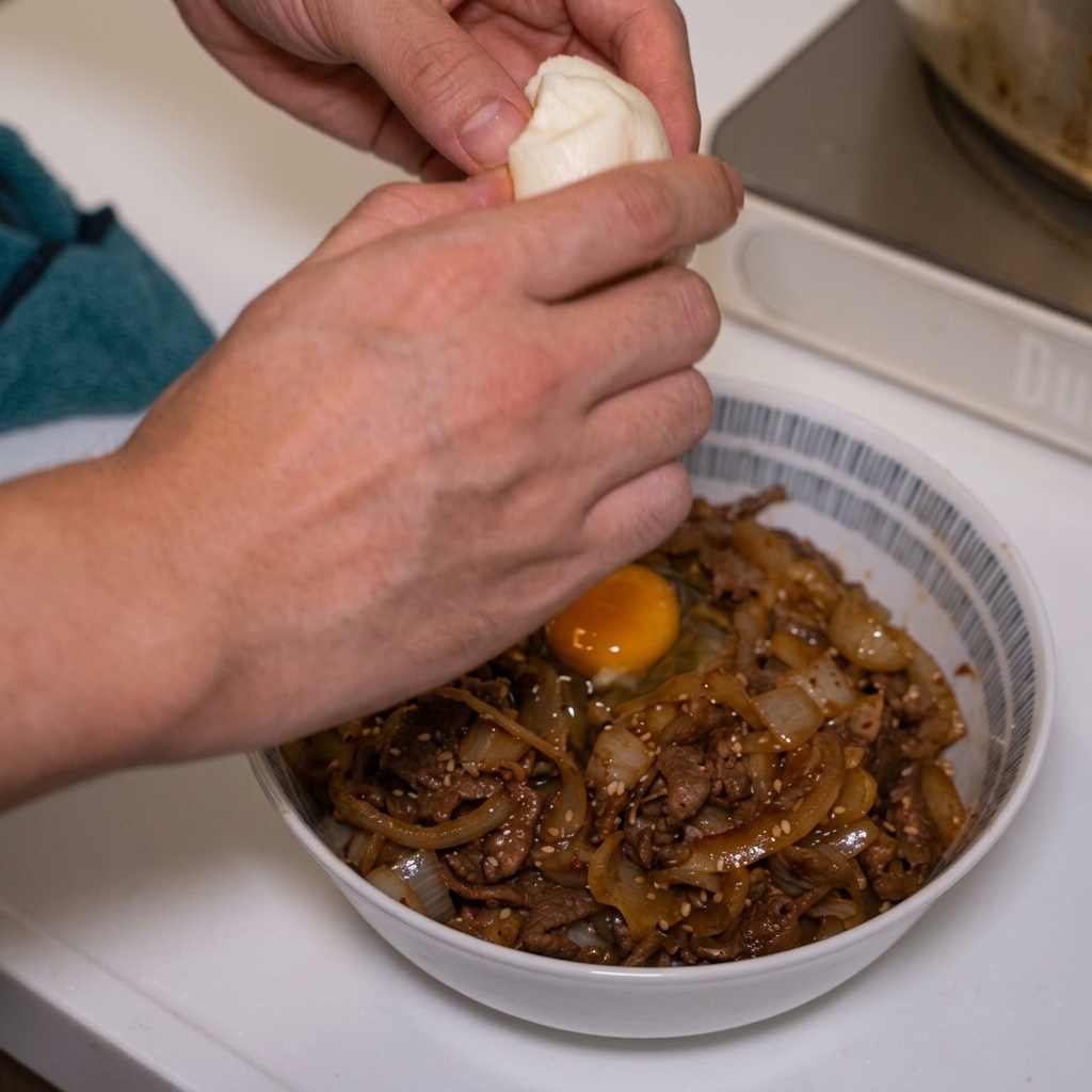 盛り付けた牛丼の中央に作った小さなくぼみへ、鮮やかなオレンジ色の卵黄を両手で慎重に乗せている様子。