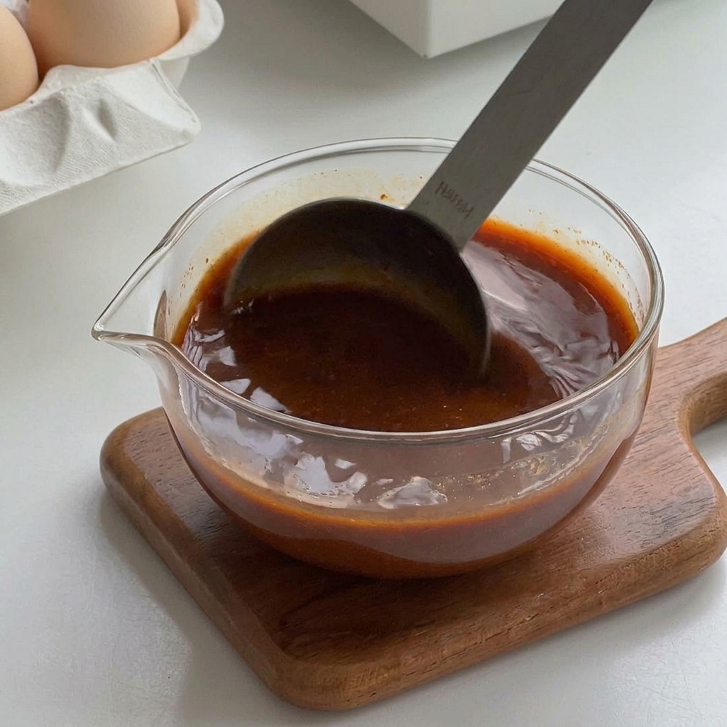 ガラスのボウルに入った濃い茶色のタレを、金属製のスプーンでしっかりと混ぜ合わせている様子。