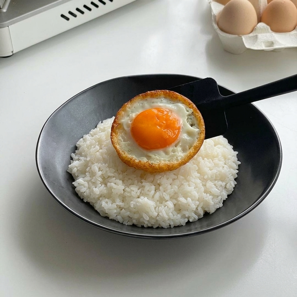 黒い丼に盛られた白ご飯の上に、黒いフライ返しを使って縁がカリッとした目玉焼きをやさしくのせている様子。