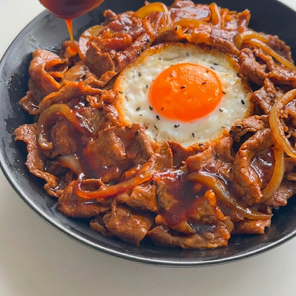 盛り付けられた牛薄切り肉と目玉焼きの上に、フライパンから濃くツヤのある茶色のタレをスプーンで回しかけている様子。